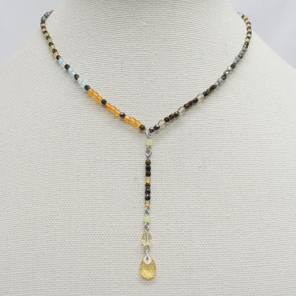 Sterling Silver Beaded Y Drop Necklace Women's Dainty Glass Whimsigoth Boho Y2K